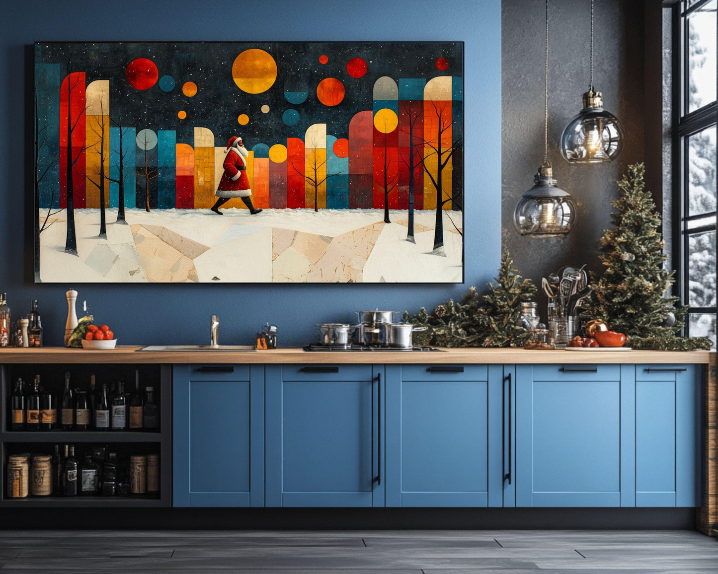Black Santa Abstract Winter Scene African American Christmas Wall Art