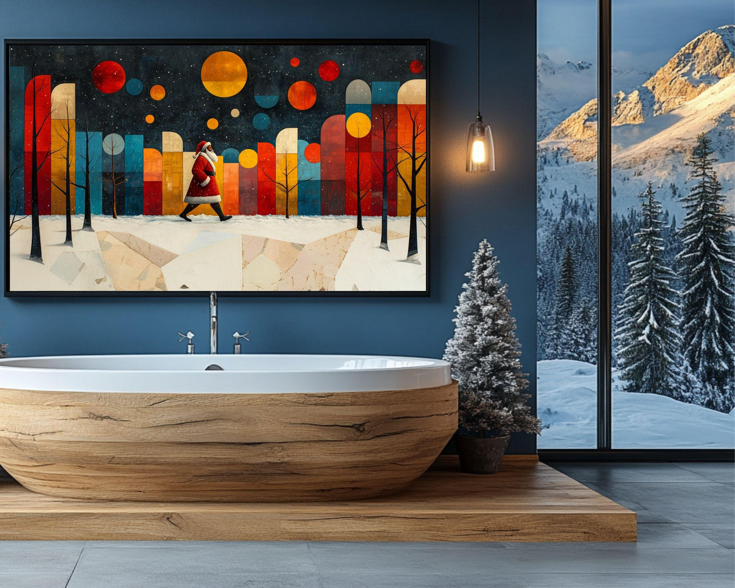 Black Santa Abstract Winter Scene African American Christmas Wall Art