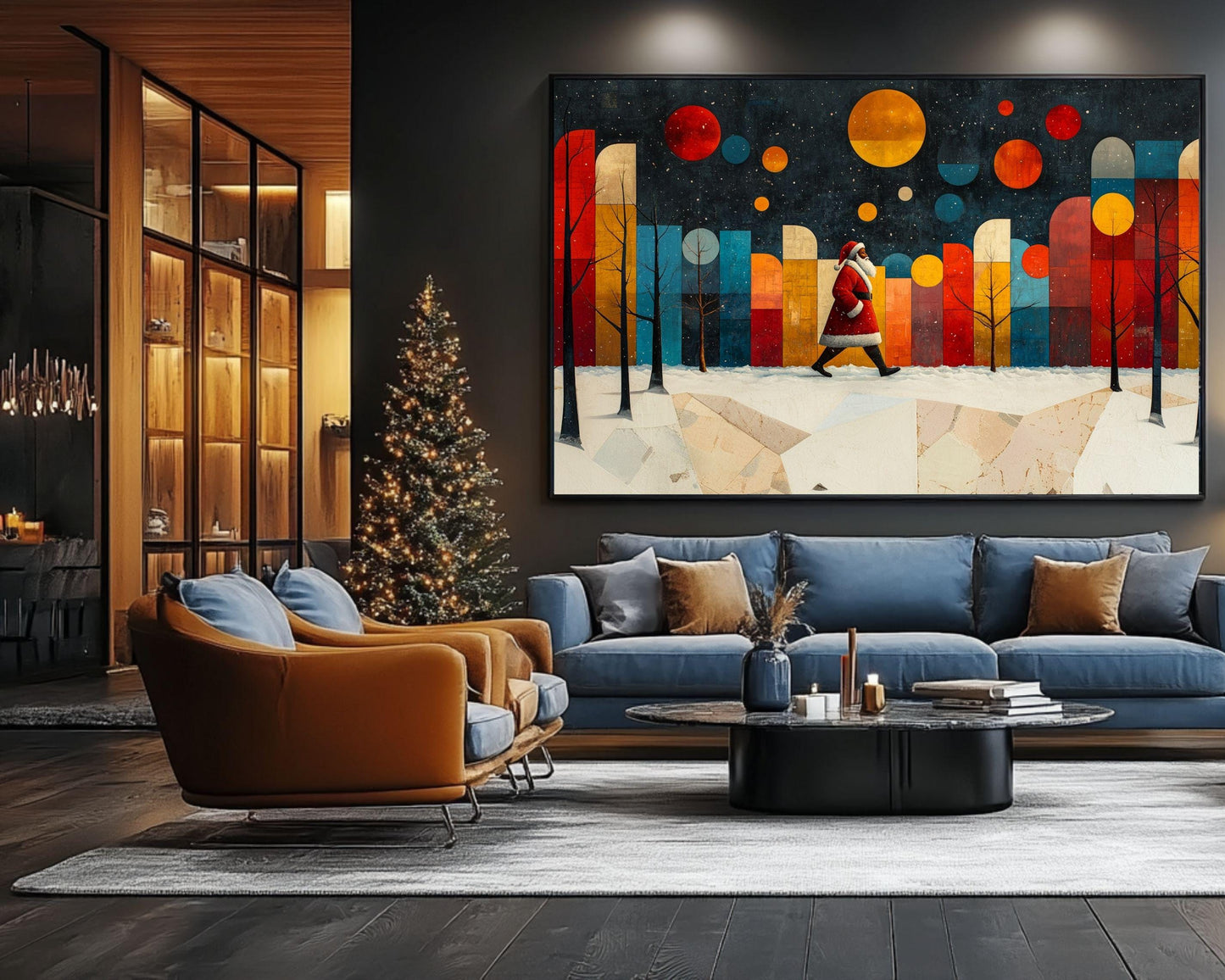 Black Santa Abstract Winter Scene African American Christmas Wall Art