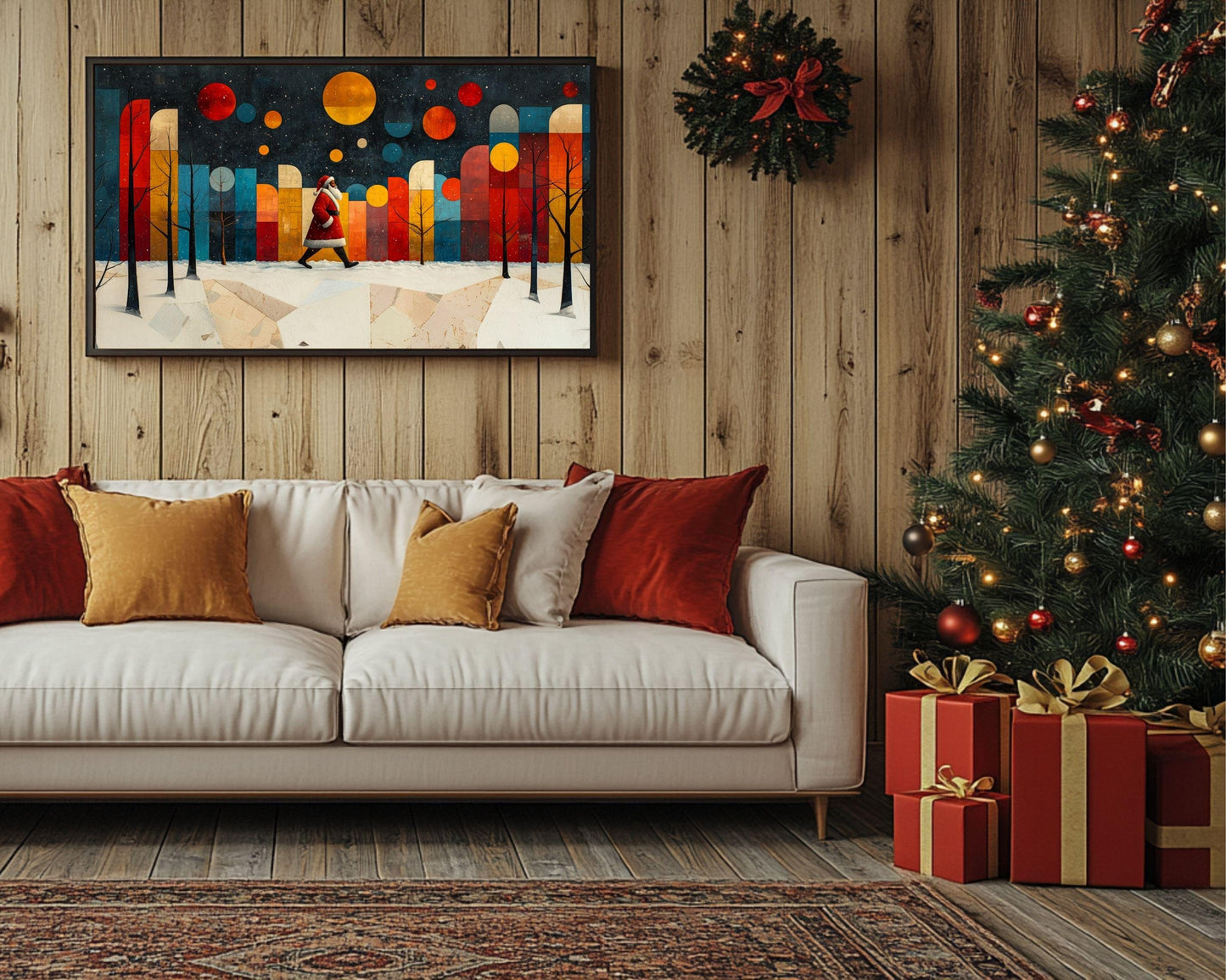 Black Santa Abstract Winter Scene African American Christmas Wall Art
