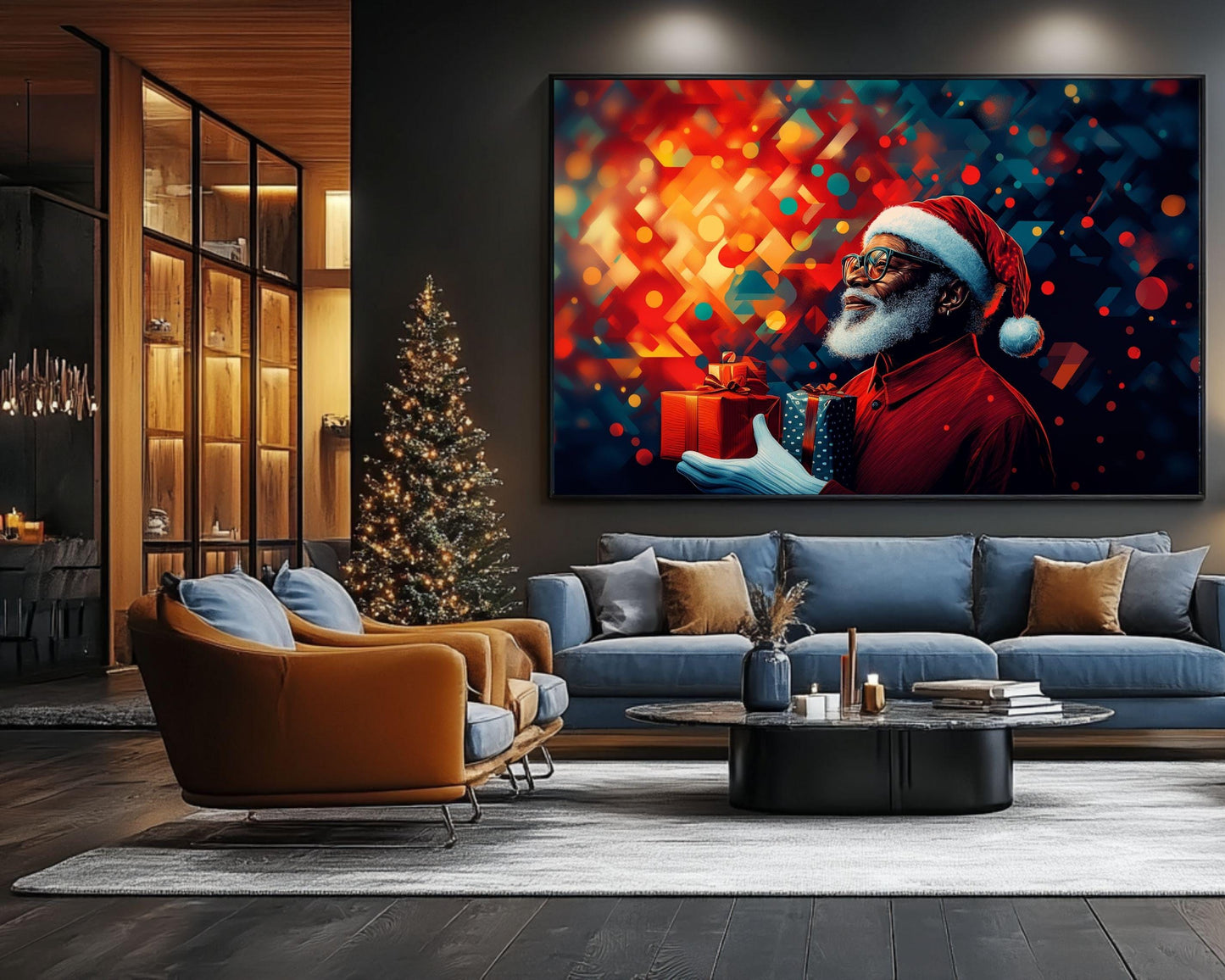 Abstract Geometric Black Santa Christmas Wall Art