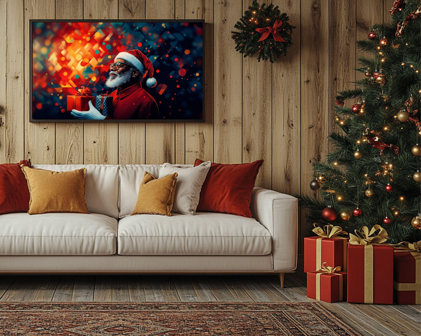Abstract Geometric Black Santa Christmas Wall Art