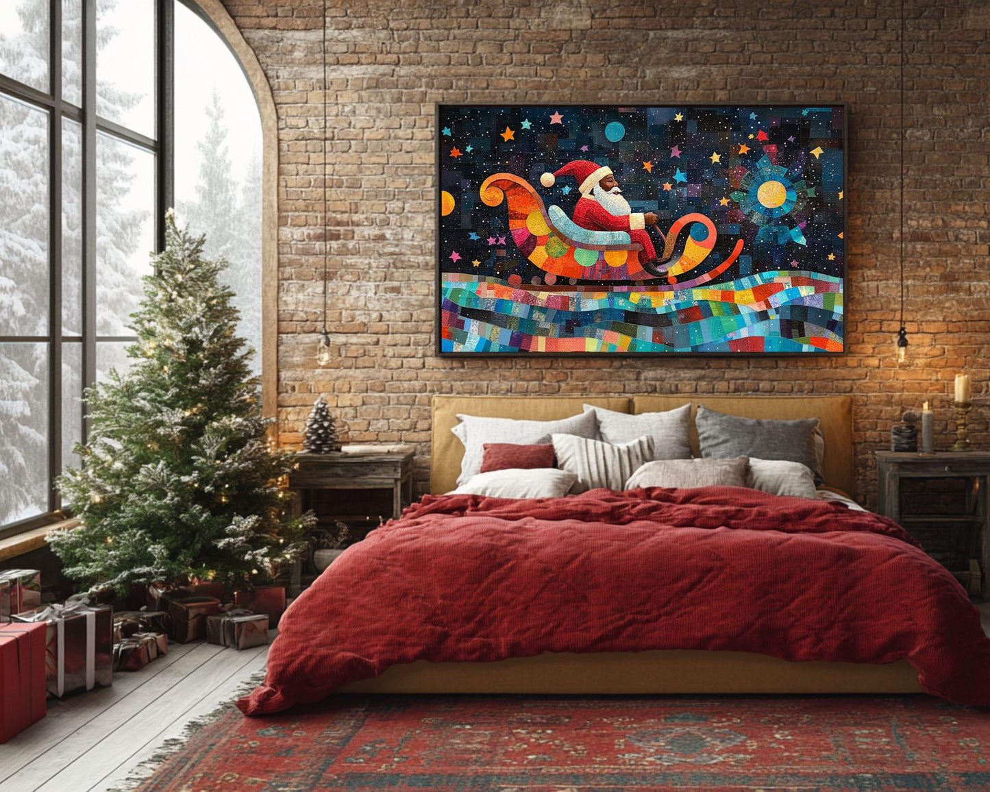 Black Santa Quilt Style African American Christmas Wall Art