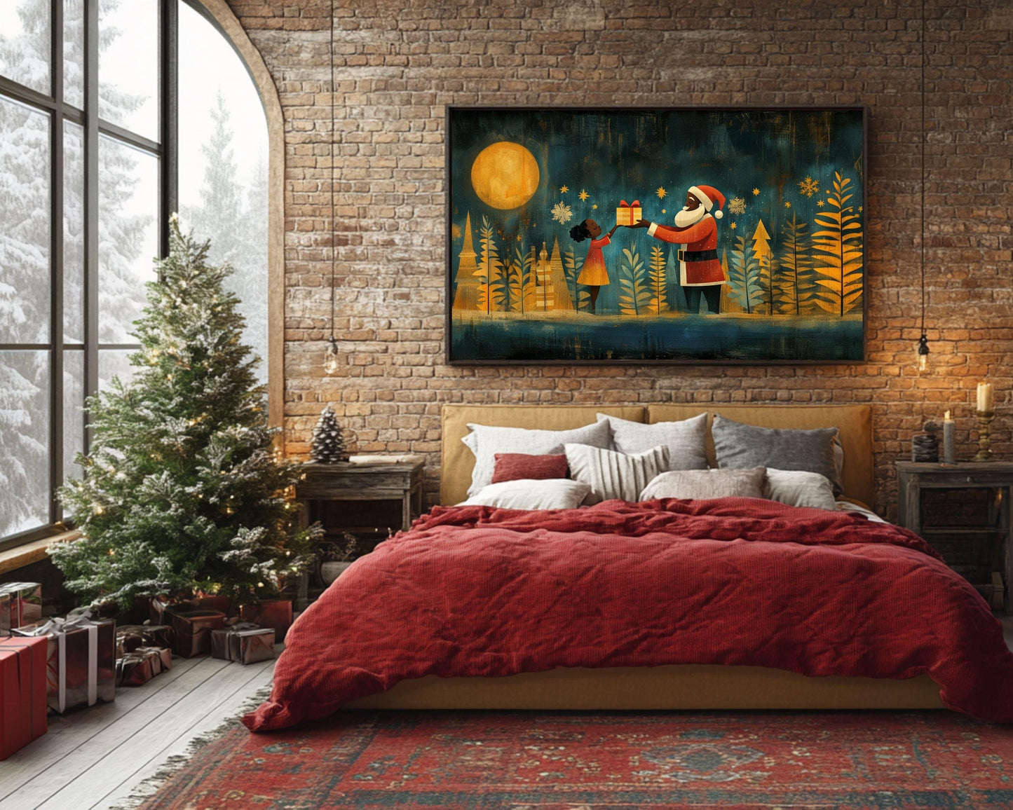 Black Santa Giving Gift African American Christmas Wall Art
