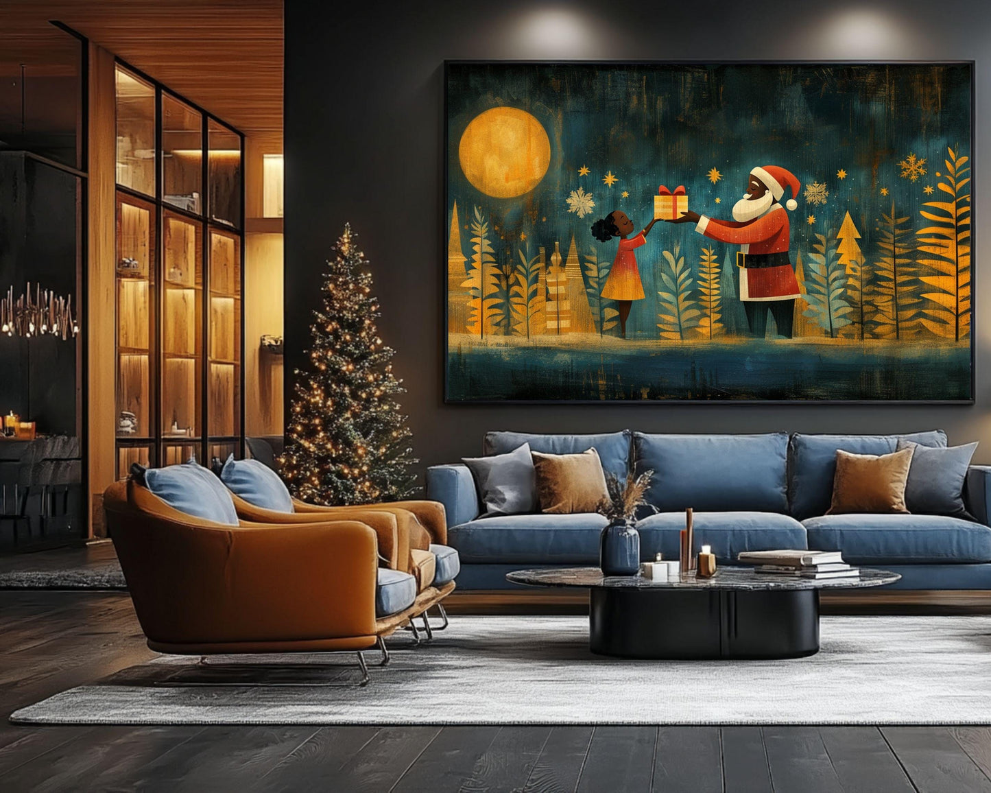 Black Santa Giving Gift African American Christmas Wall Art