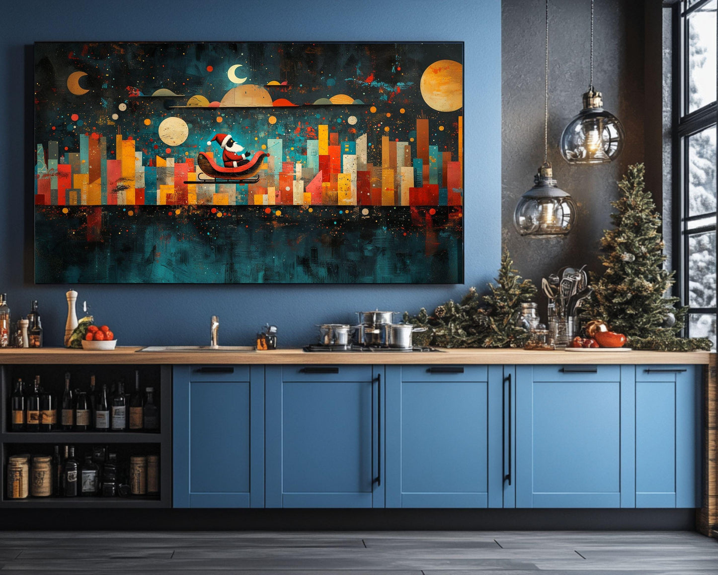 Black Santa Sleigh Ride Over City African American Christmas Wall Art