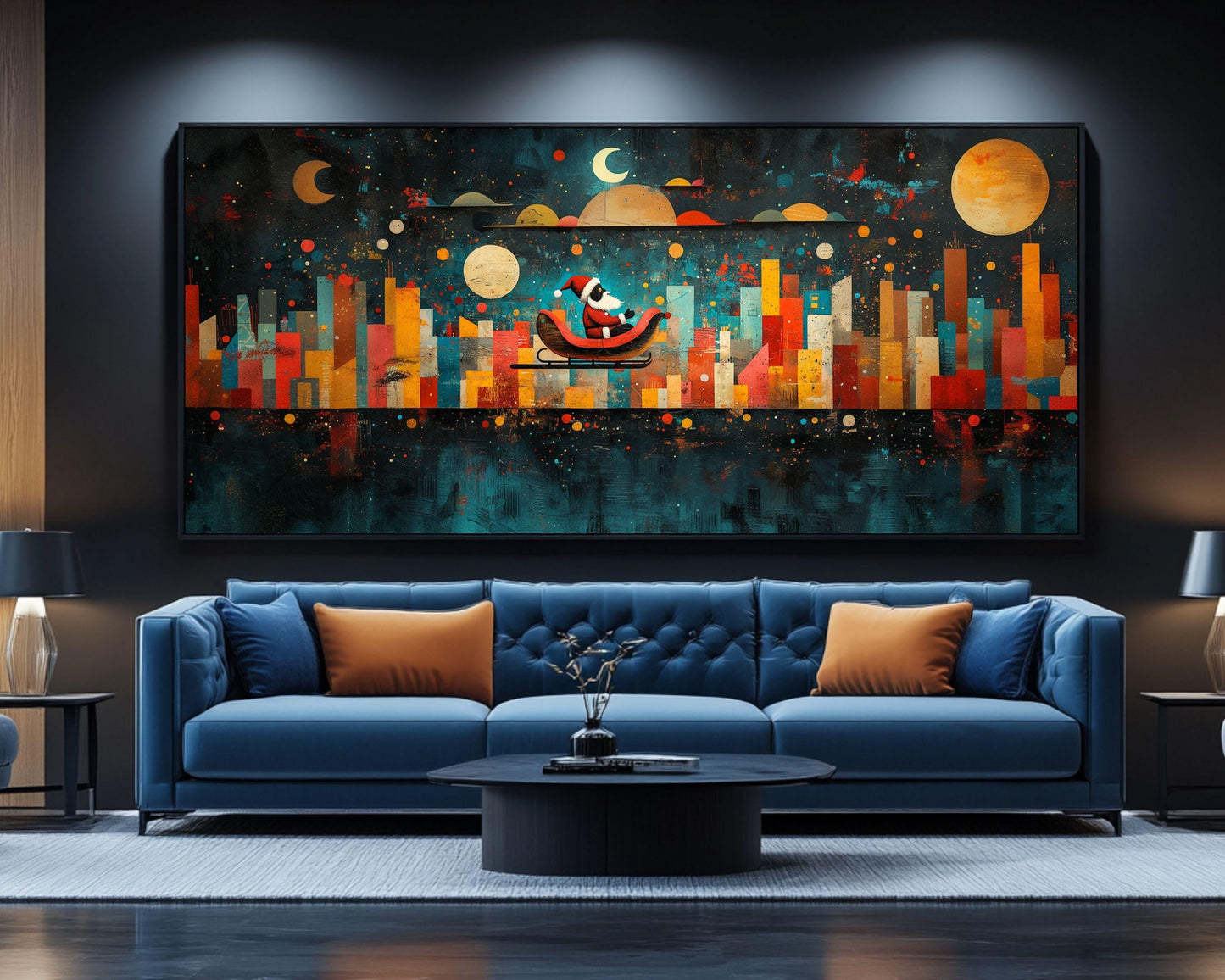 Black Santa Sleigh Ride Over City African American Christmas Wall Art