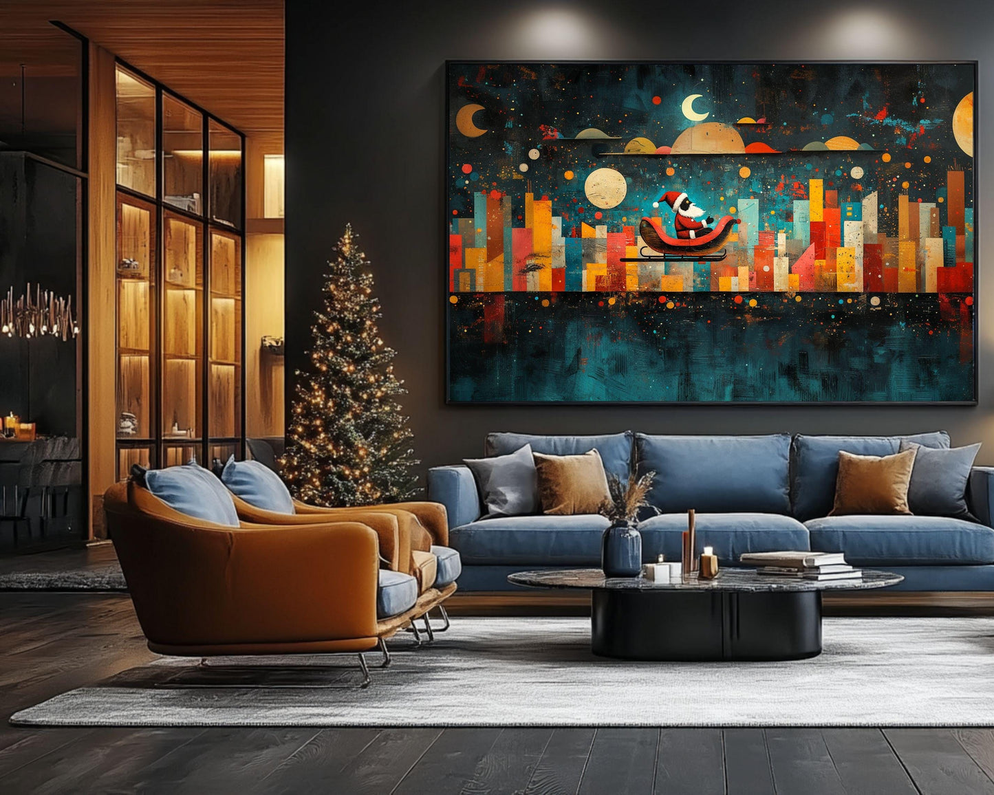 Black Santa Sleigh Ride Over City African American Christmas Wall Art
