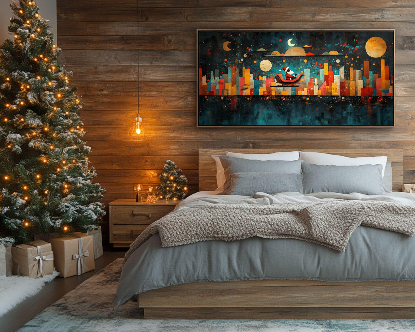 Black Santa Sleigh Ride Over City African American Christmas Wall Art