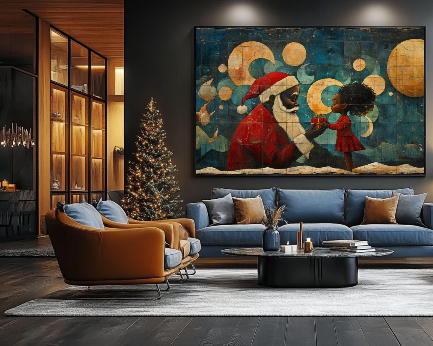 Santa and Girl African American Christmas Wall Art