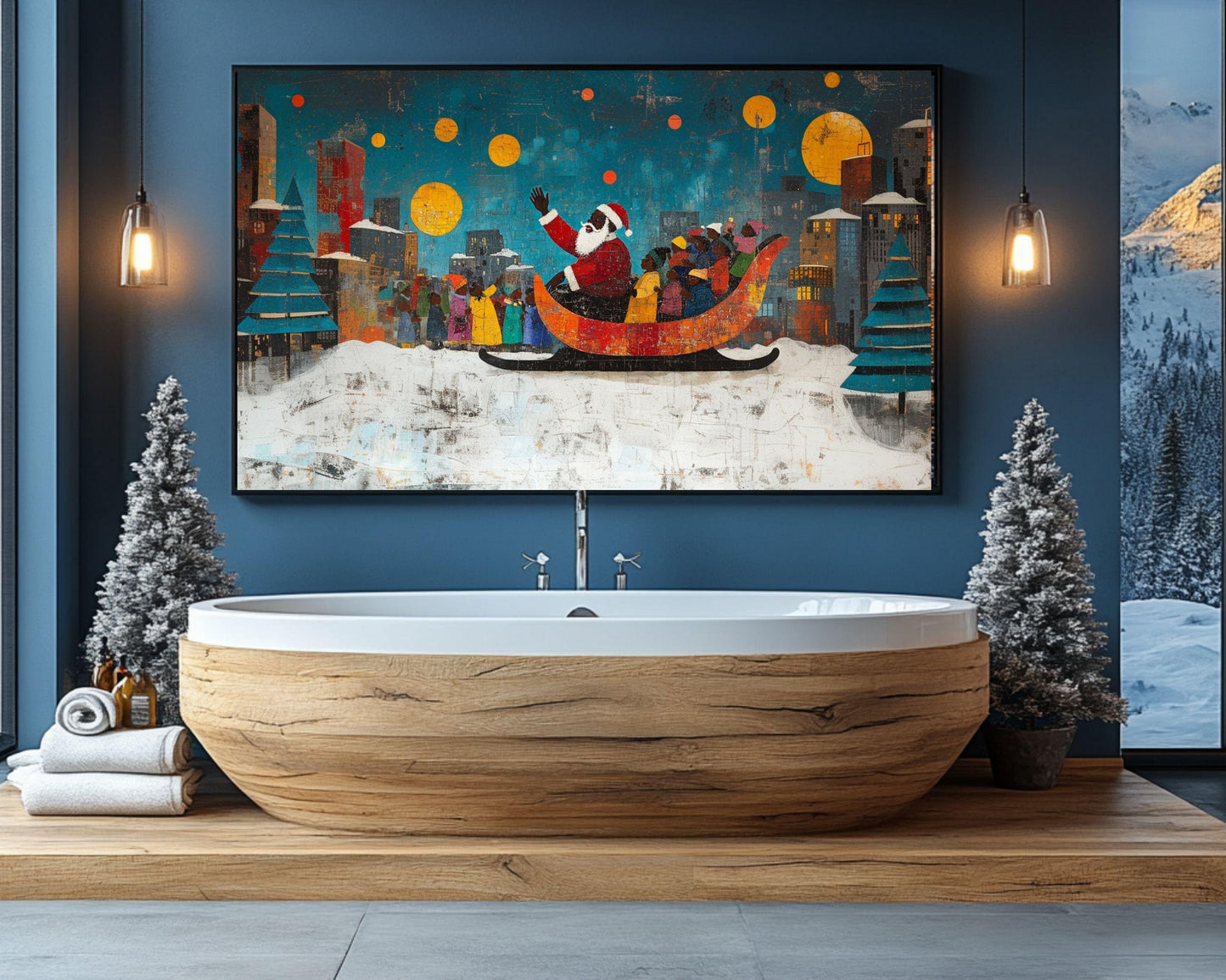 Black Santa in Sleigh Urban African American Christmas Wall Art