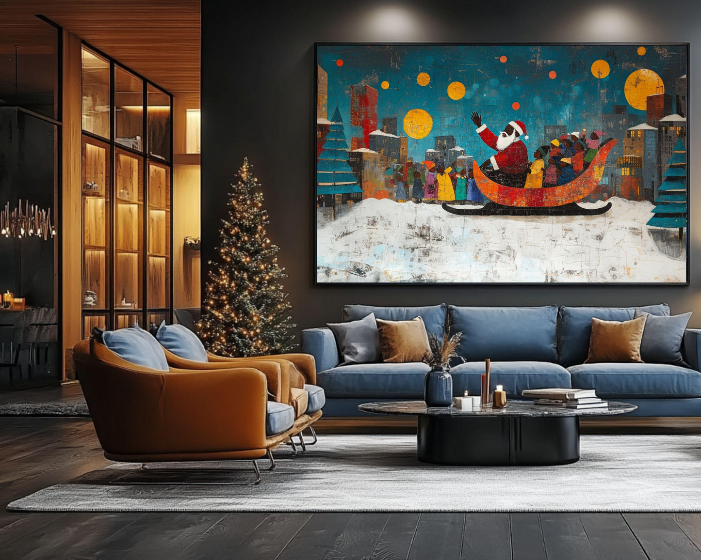 Black Santa in Sleigh Urban African American Christmas Wall Art