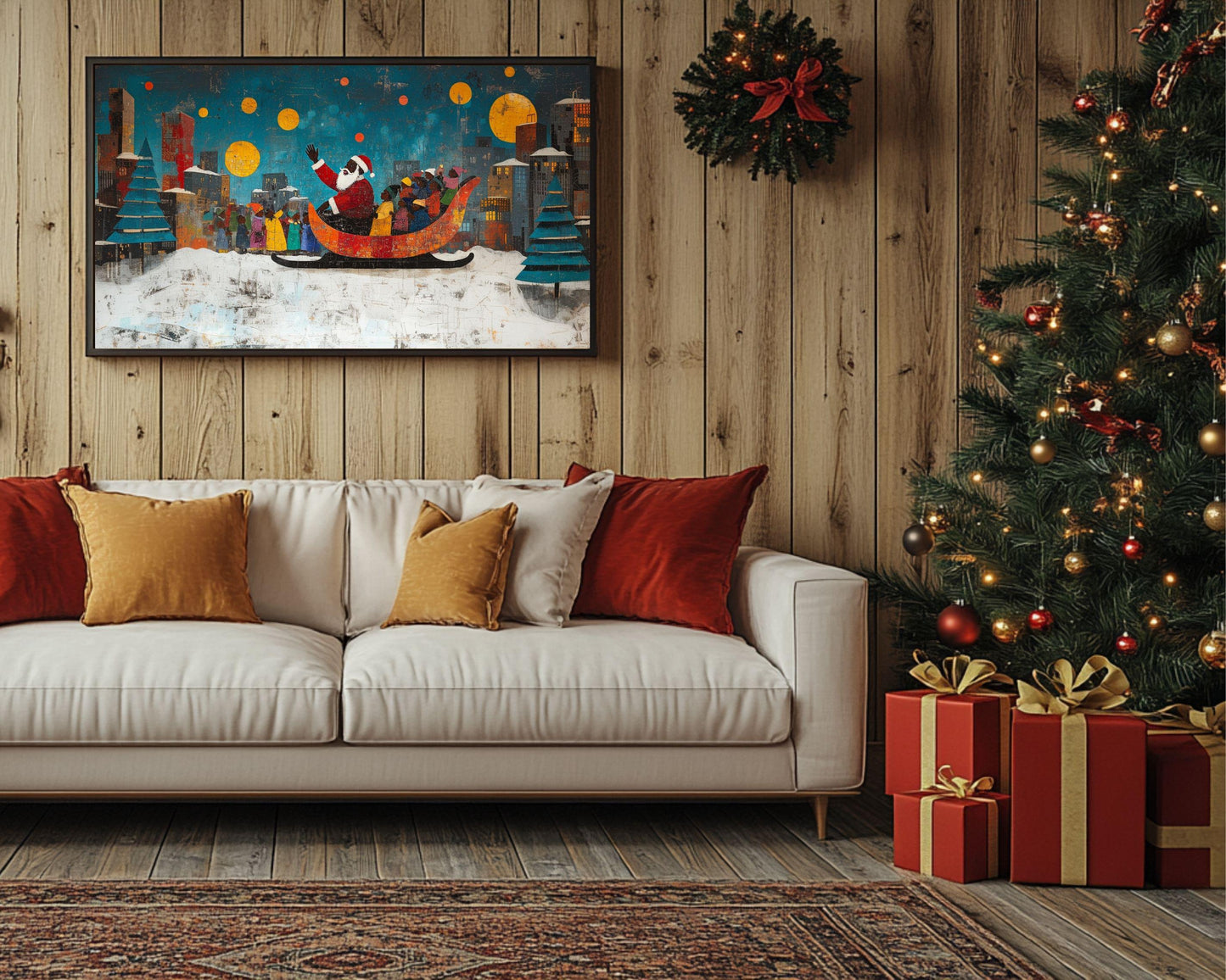 Black Santa in Sleigh Urban African American Christmas Wall Art