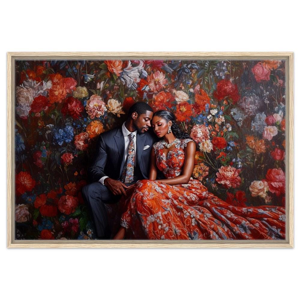 Elegant Black Couple in Floral Setting African American Love Art