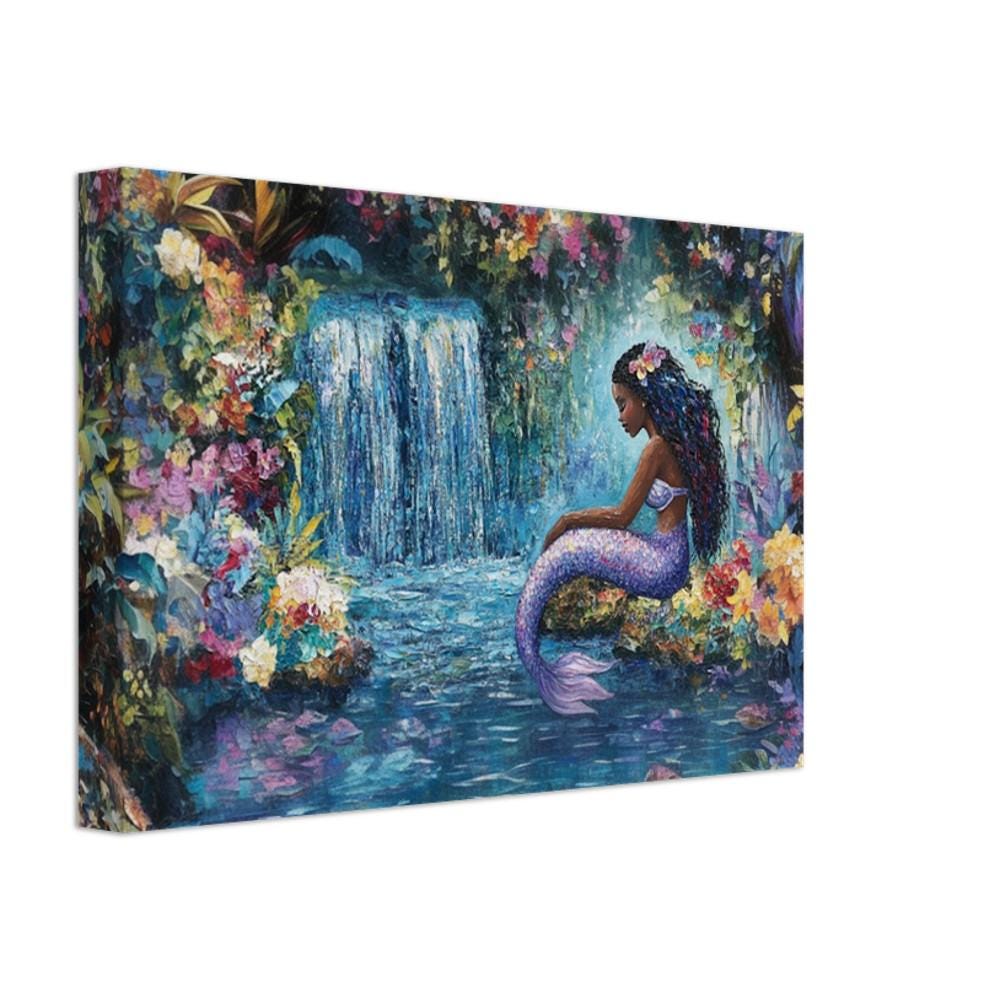 Black Mermaid Waterfall African American Wall Art Canvas
