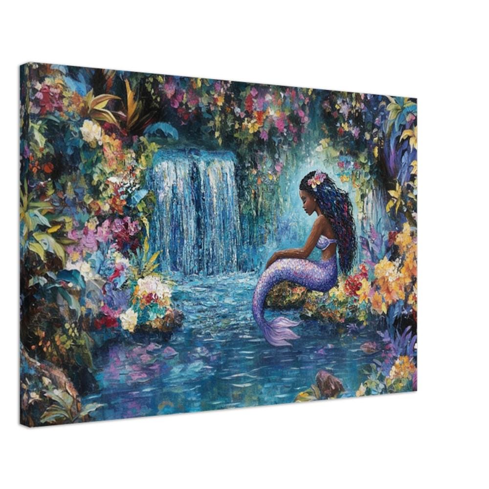 Black Mermaid Waterfall African American Wall Art Canvas