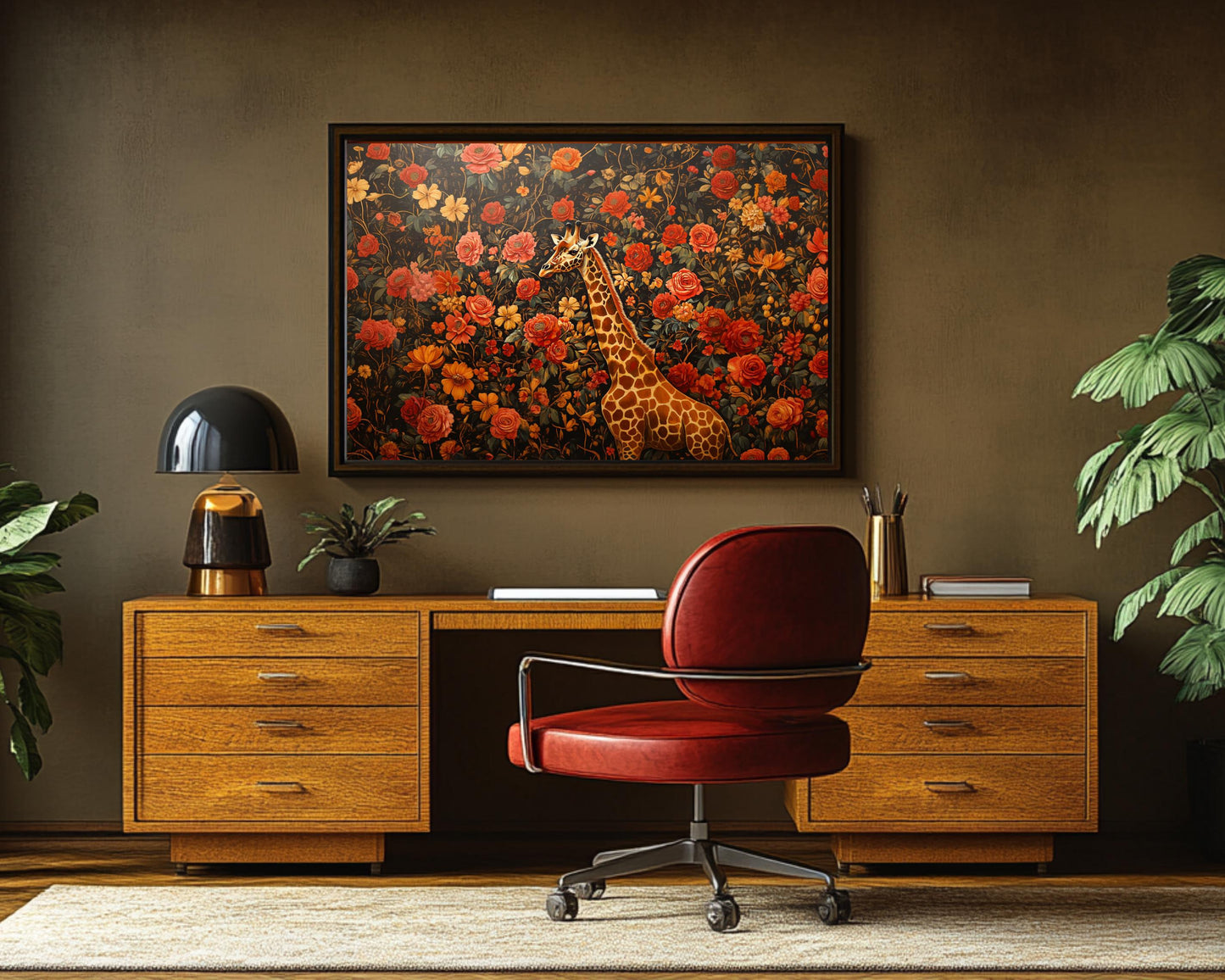 Regal Giraffe Black Wall Art Afrocentric Floral Canvas Print