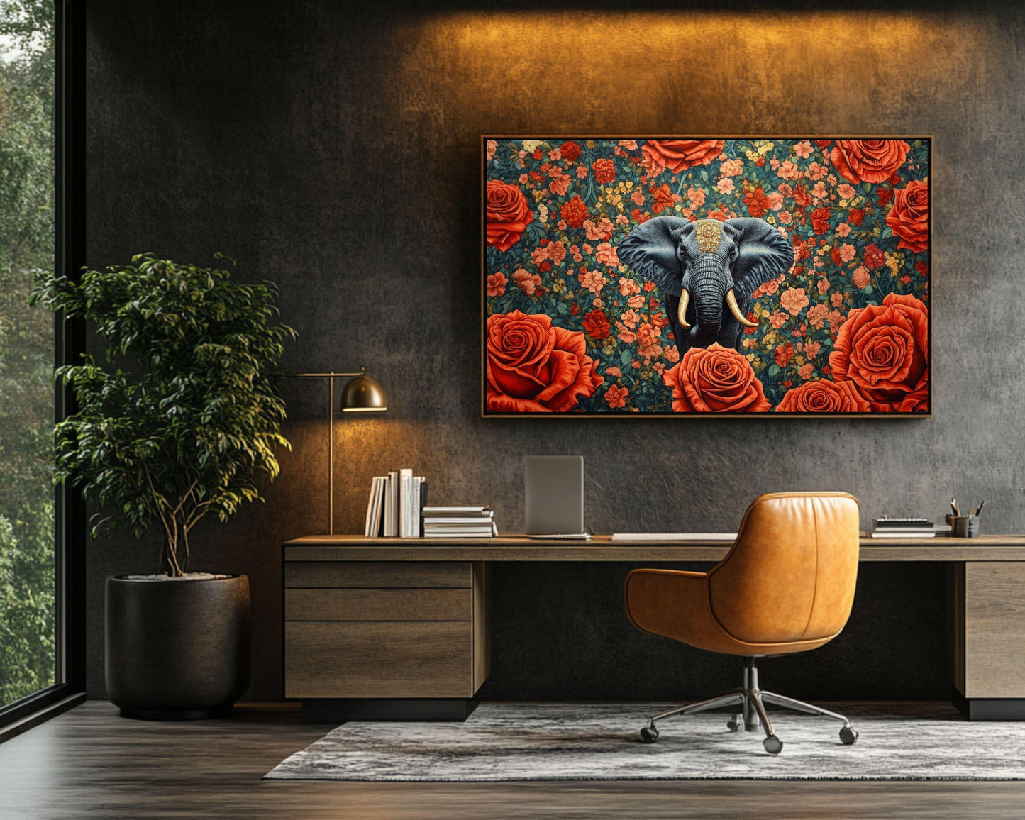 African Elephant Floral Black Wall Art African American Canvas Print