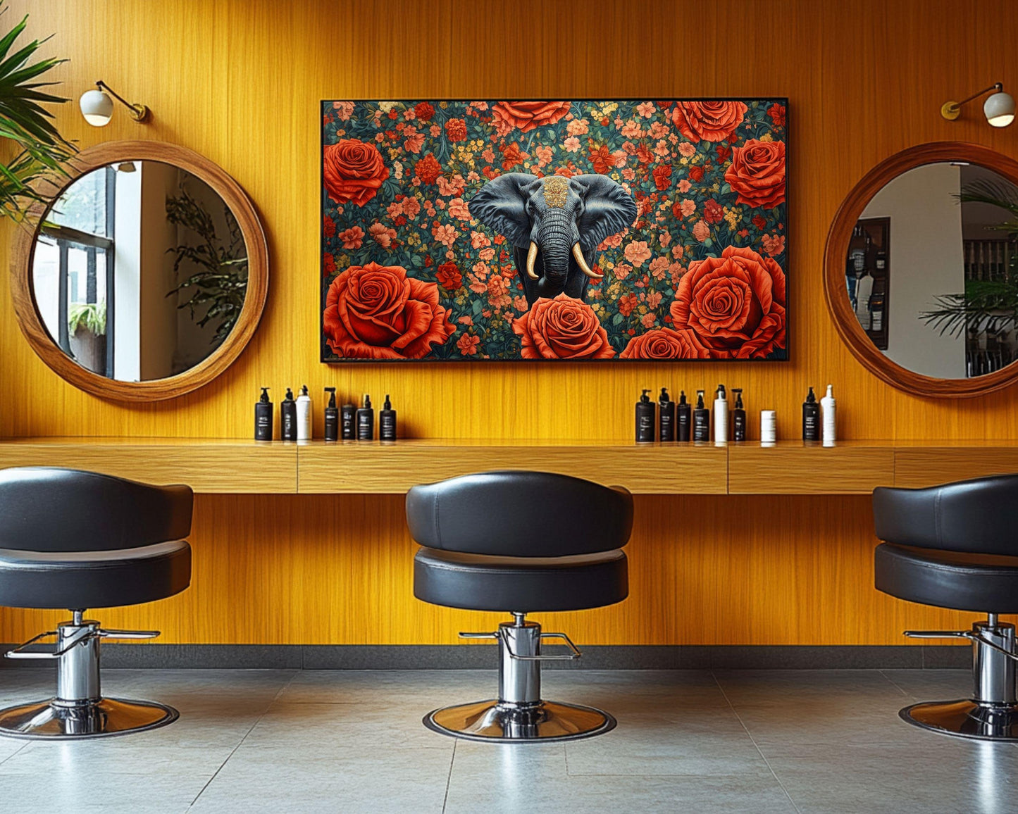 African Elephant Floral Black Wall Art African American Canvas Print