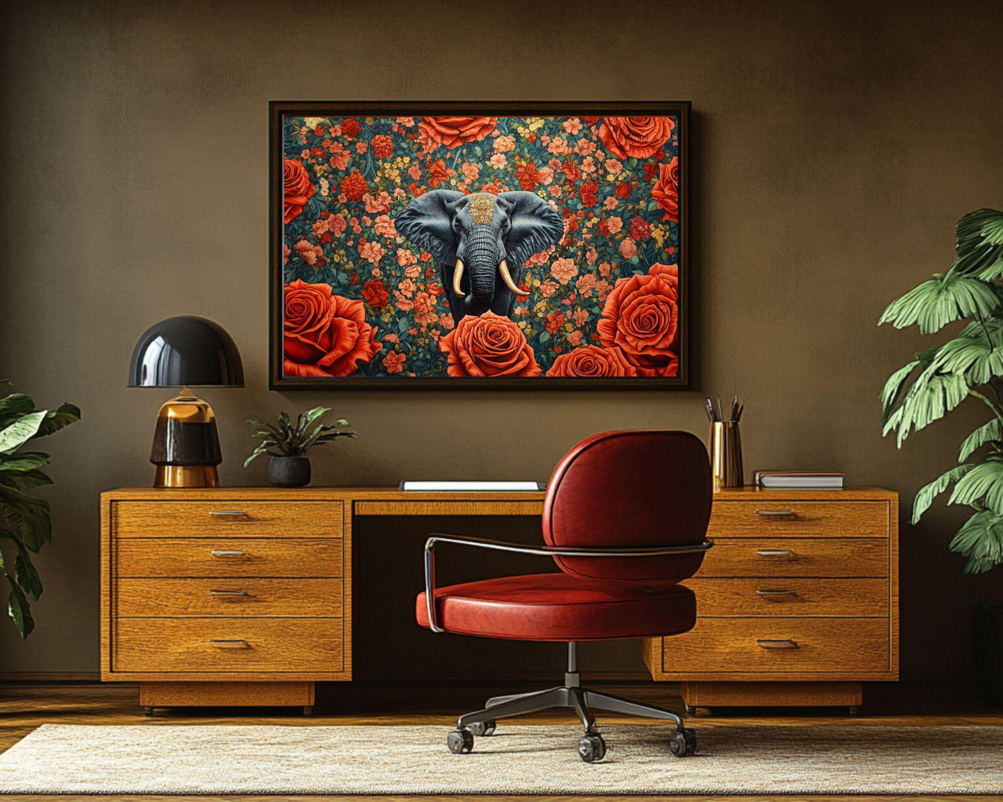 African Elephant Floral Black Wall Art African American Canvas Print