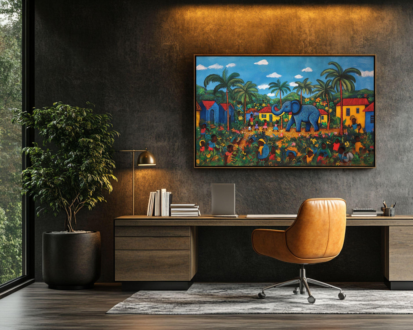 Blue Elephant Haitian Folk Art Black Wall Art Canvas Print