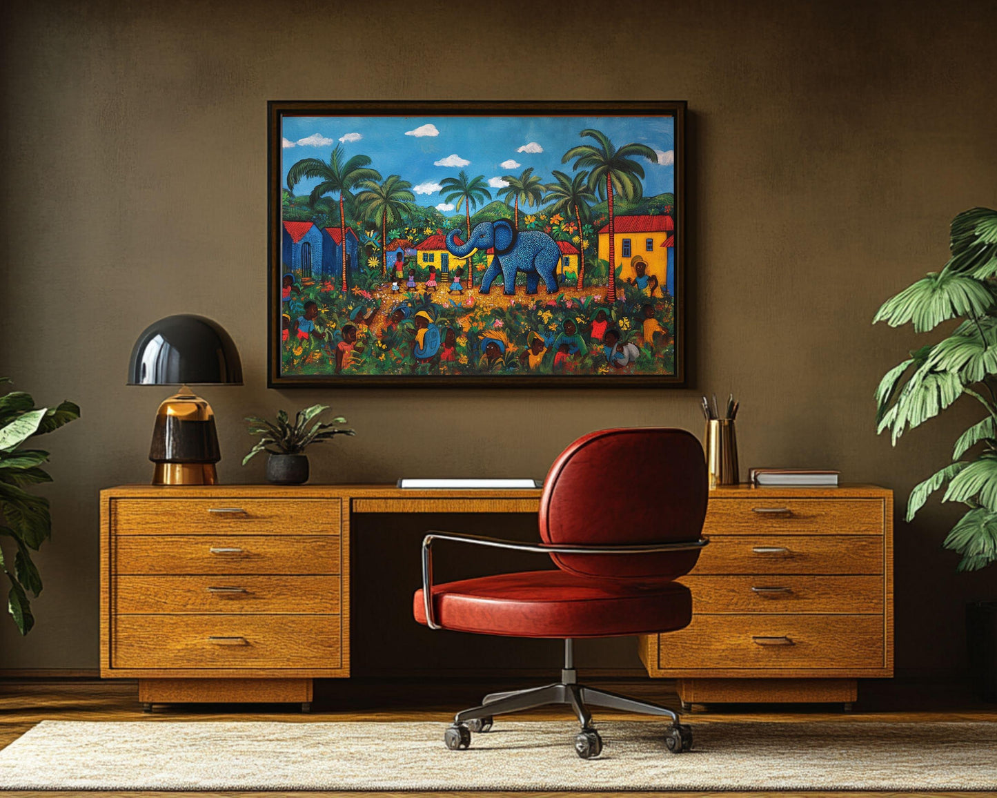 Blue Elephant Haitian Folk Art Black Wall Art Canvas Print