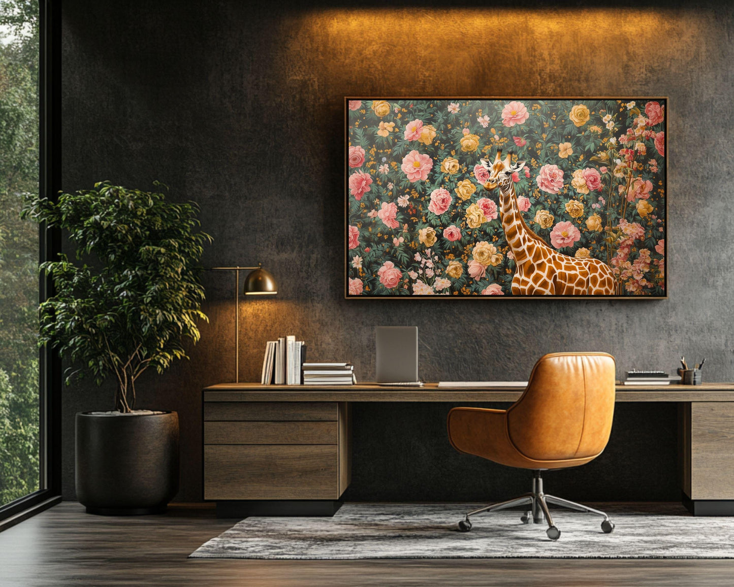 Giraffe Portrait Black Art African American Wall Art Floral Canvas