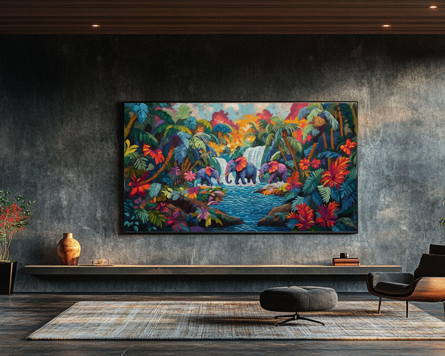 Tropical Elephant Family Haitian Folk Art Canvas