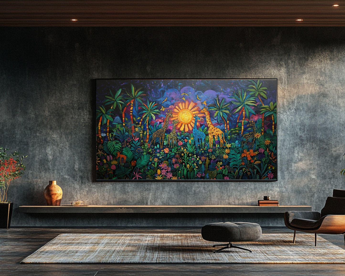 Giraffe Family Black Art Canvas Haitian Folk Style