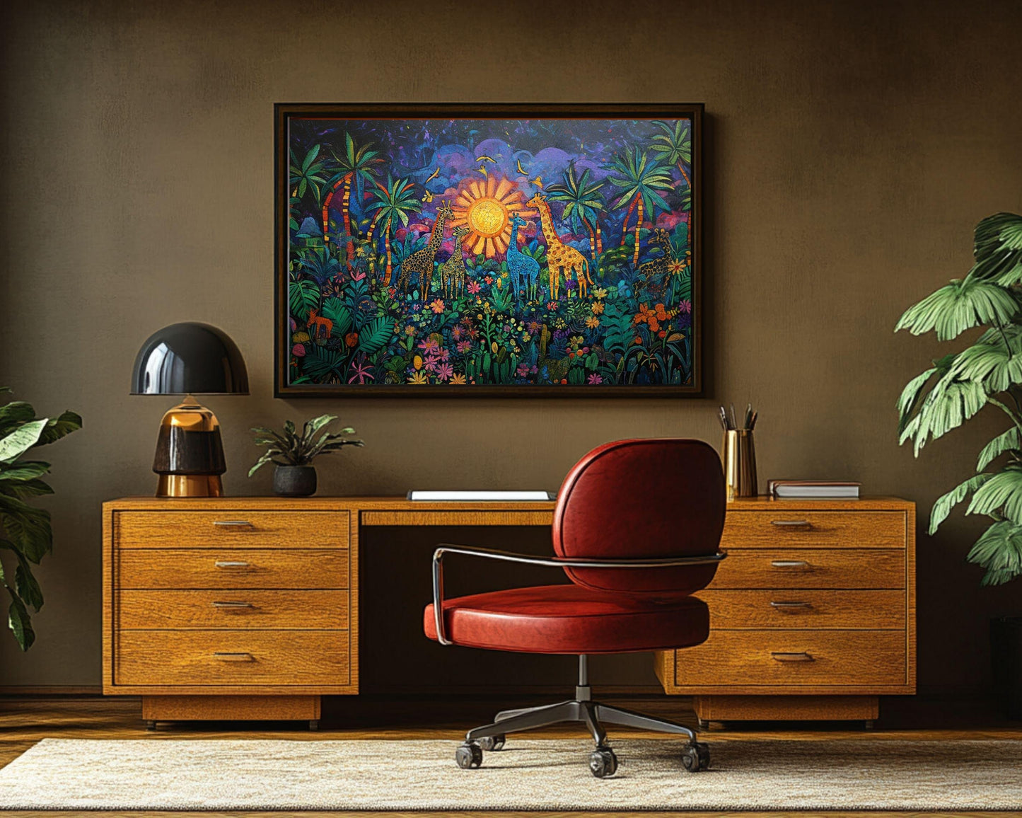 Giraffe Family Black Art Canvas Haitian Folk Style