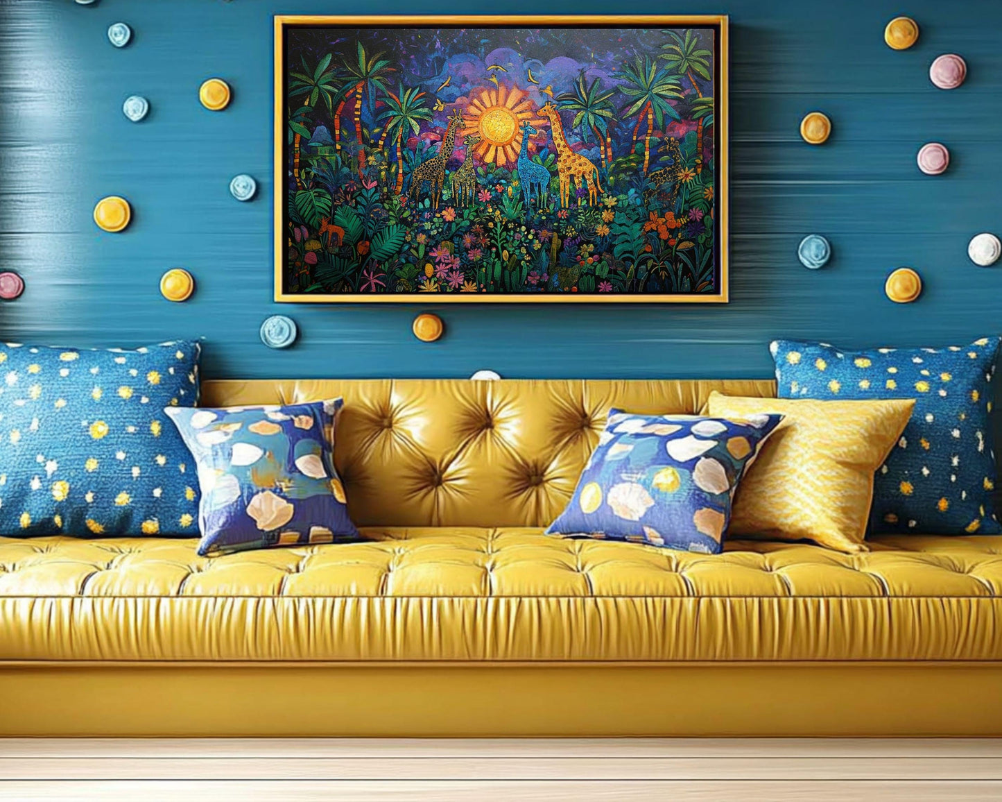 Giraffe Family Black Art Canvas Haitian Folk Style