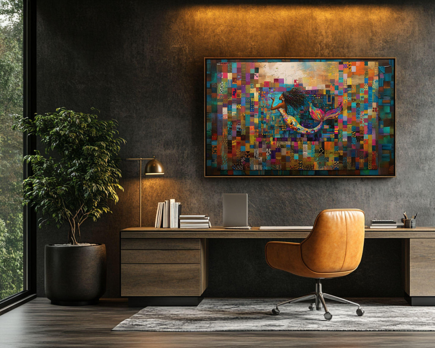 Afrocentric Mermaid Black Art Canvas with Quilt Design