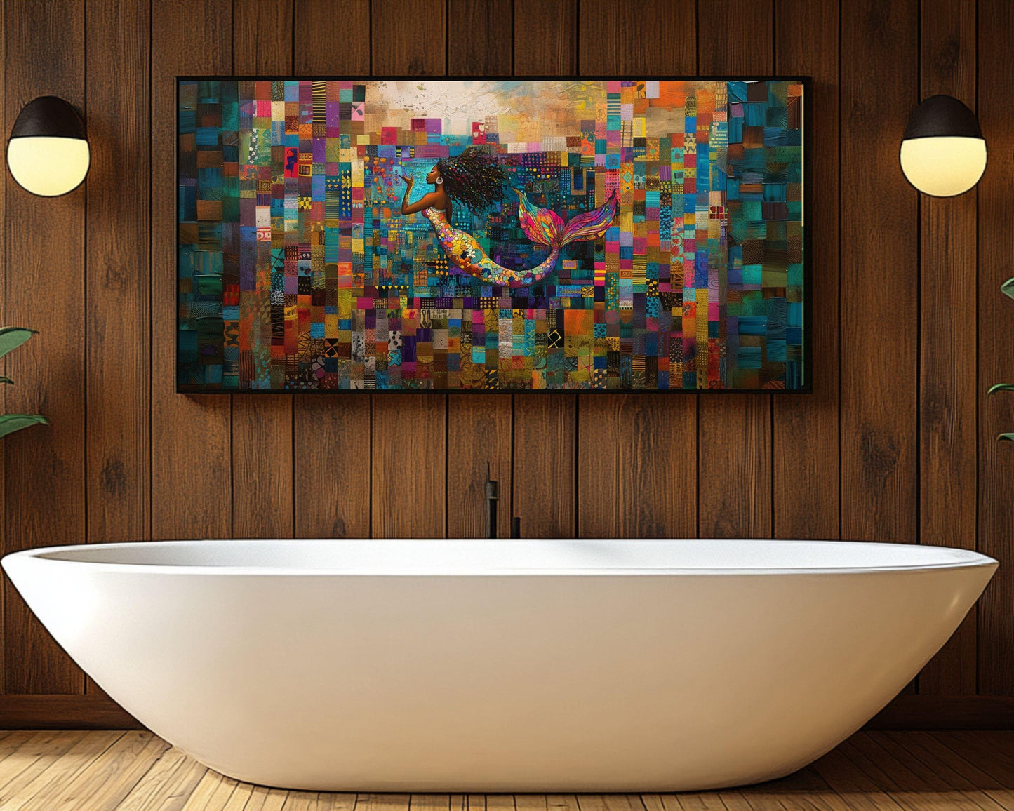 Afrocentric Mermaid Black Art Canvas with Quilt Design
