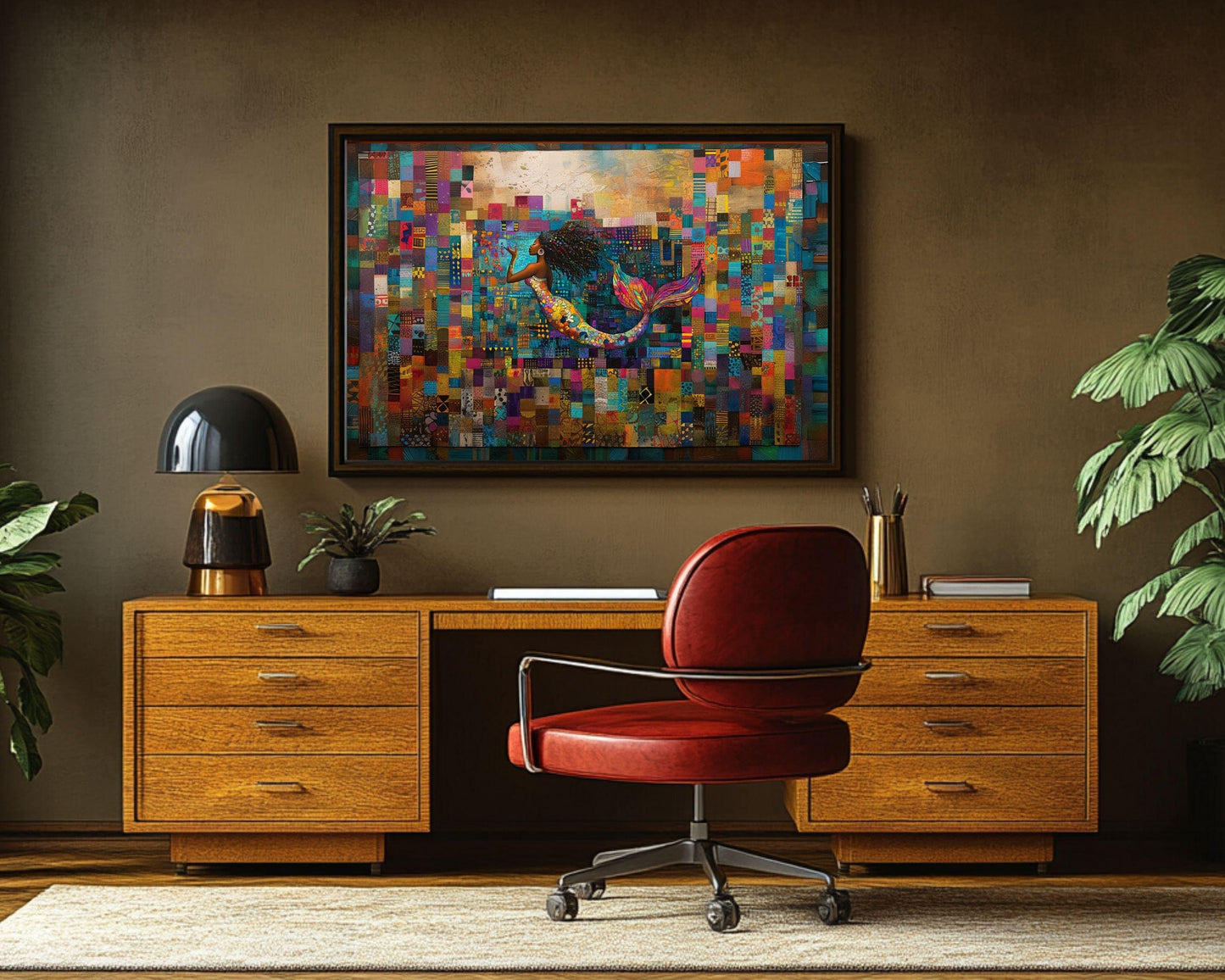 Afrocentric Mermaid Black Art Canvas with Quilt Design