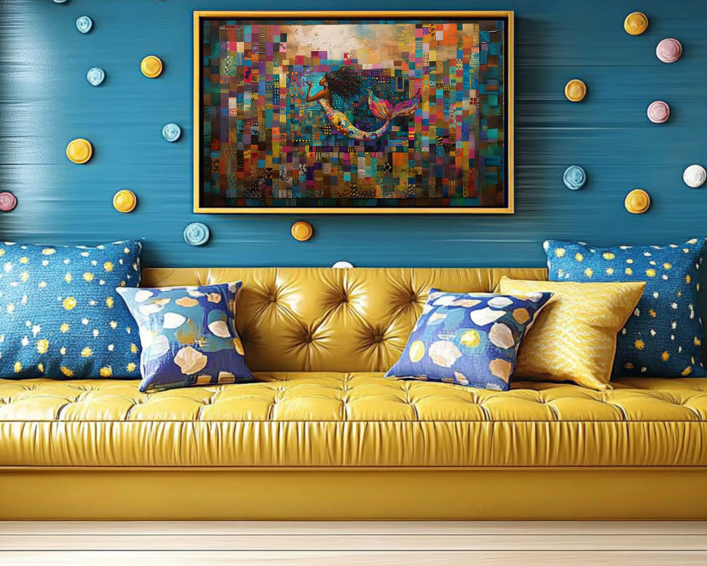 Afrocentric Mermaid Black Art Canvas with Quilt Design