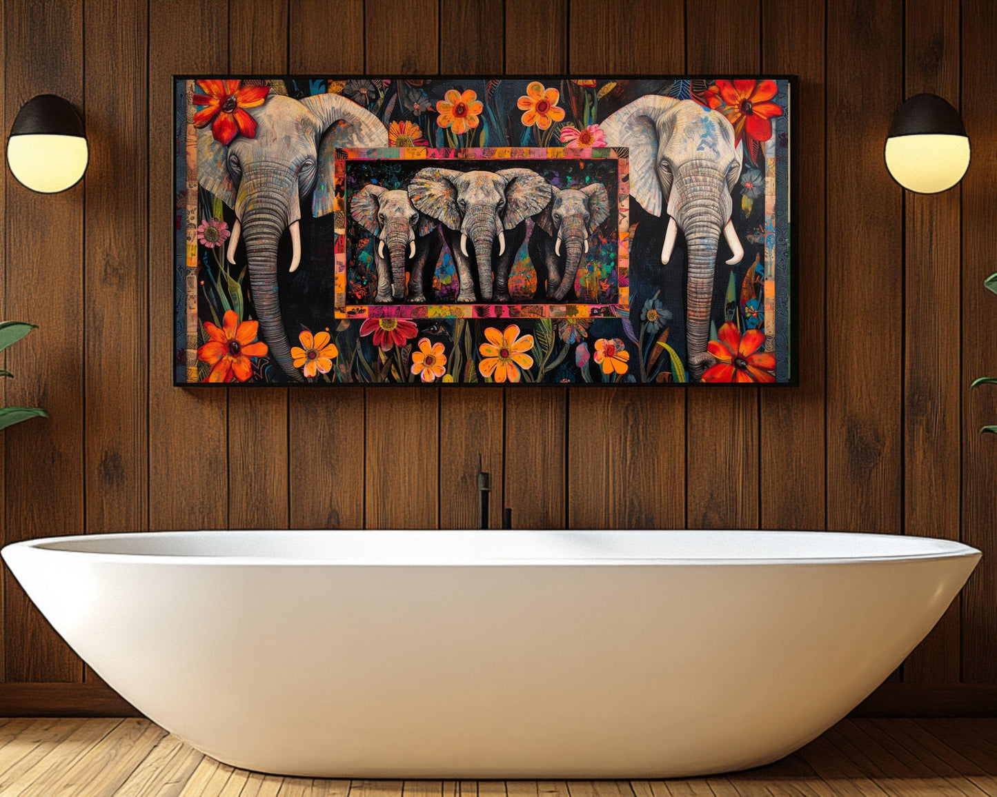 Elephants African American Floral Patchwork Canvas Art