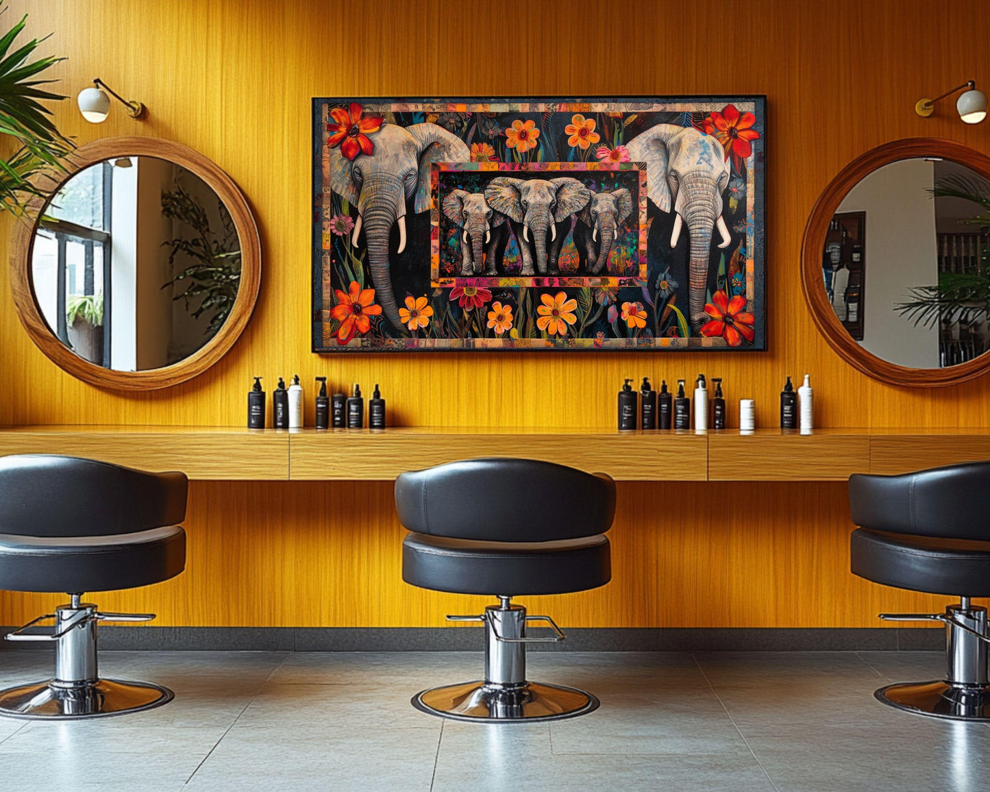 Elephants African American Floral Patchwork Canvas Art