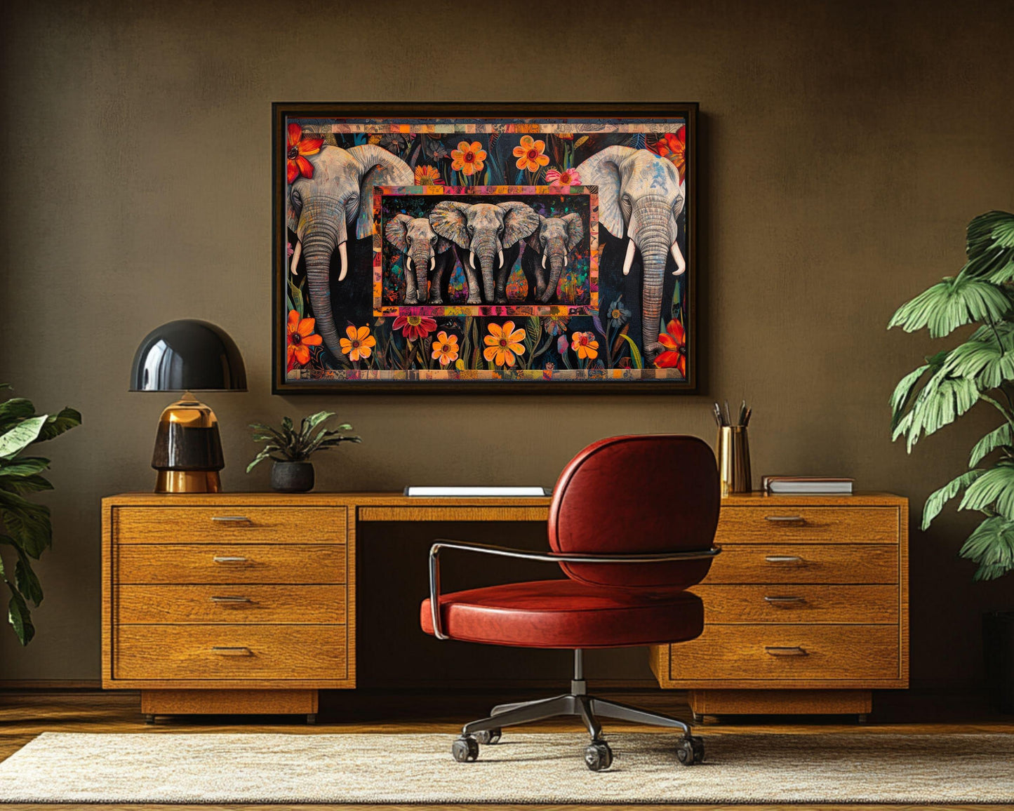 Elephants African American Floral Patchwork Canvas Art