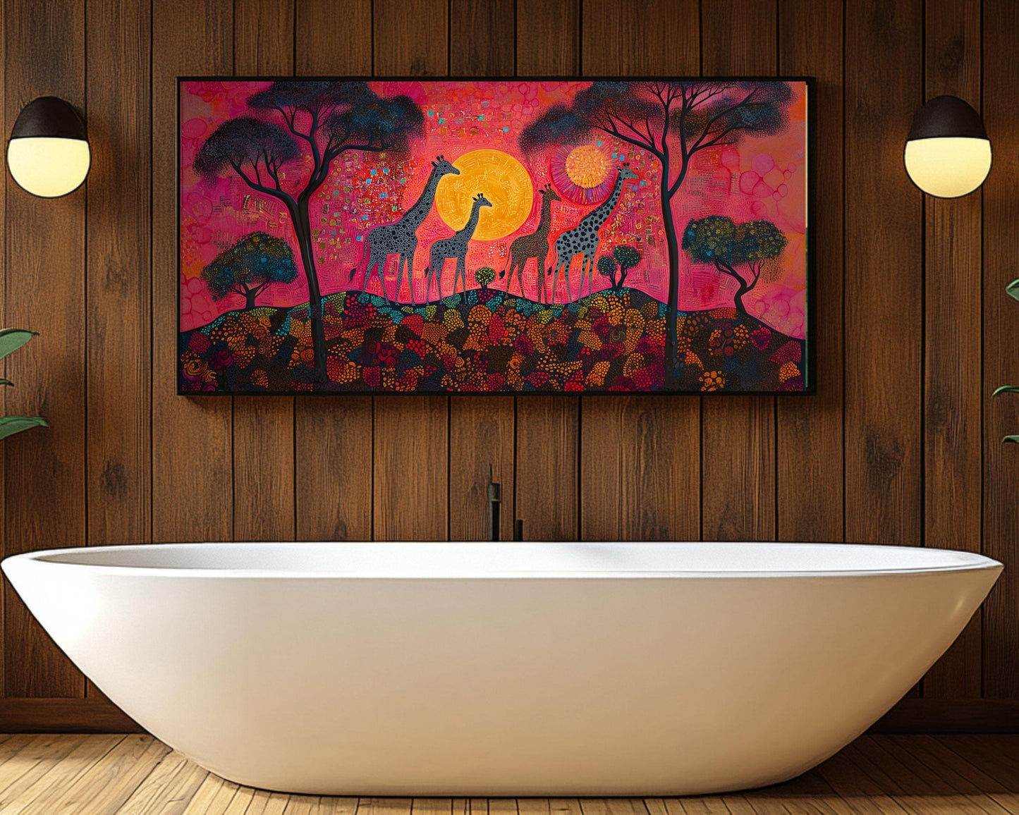 African American Giraffe Family Sunset Canvas Art Print