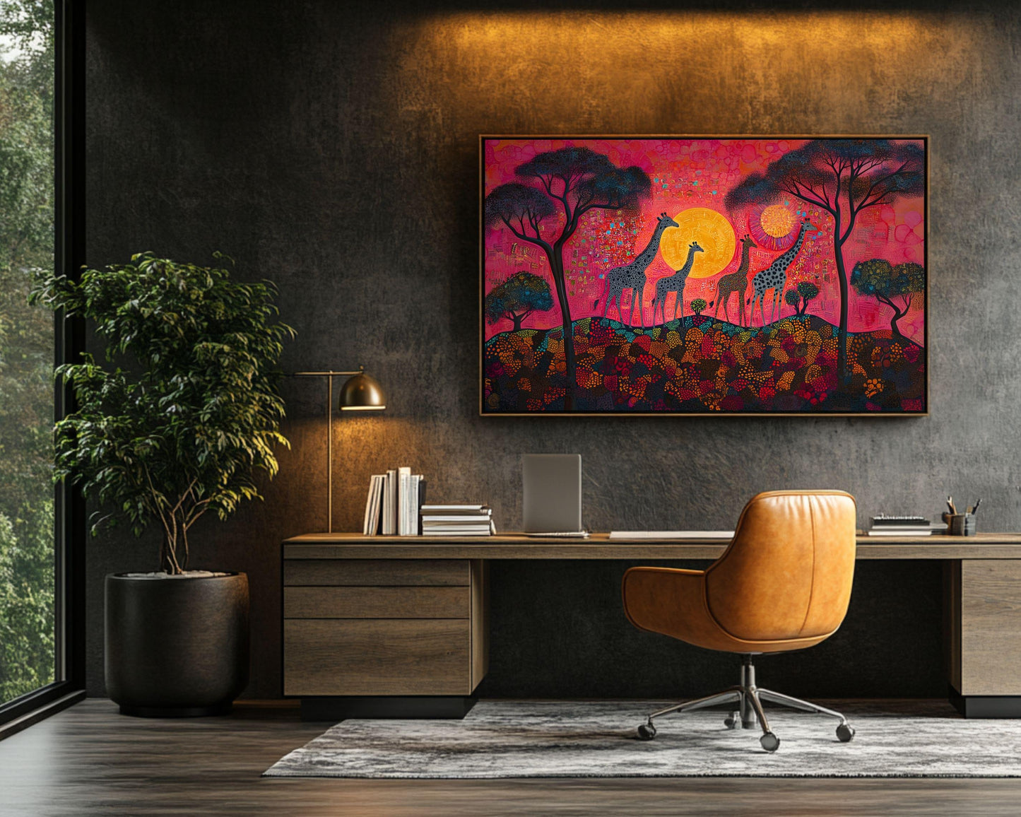 African American Giraffe Family Sunset Canvas Art Print