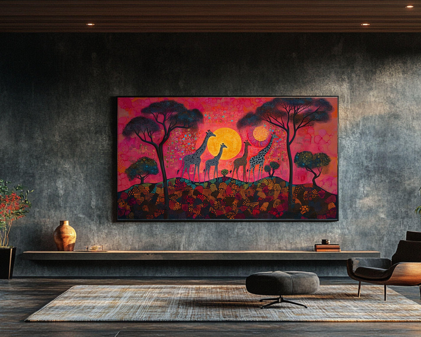 African American Giraffe Family Sunset Canvas Art Print