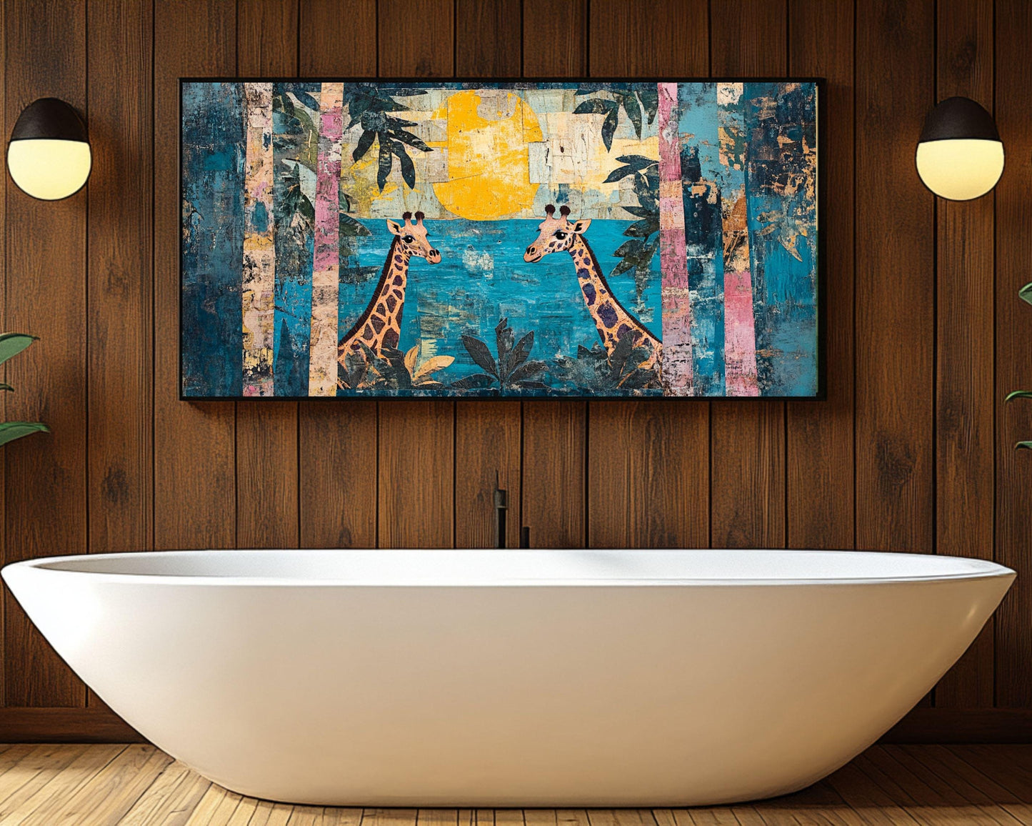 Giraffes and Sun African American Wall Art Canvas Print
