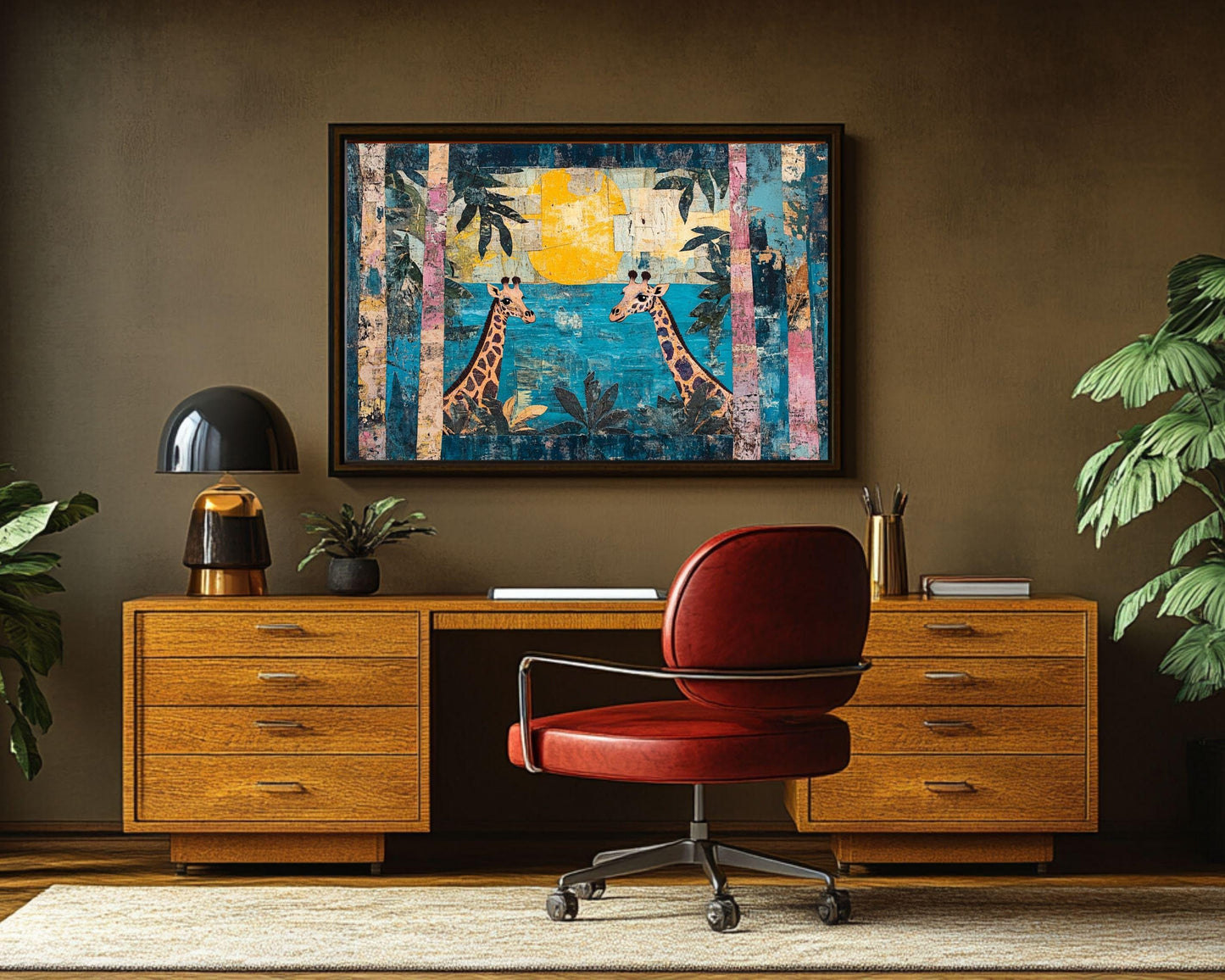 Giraffes and Sun African American Wall Art Canvas Print