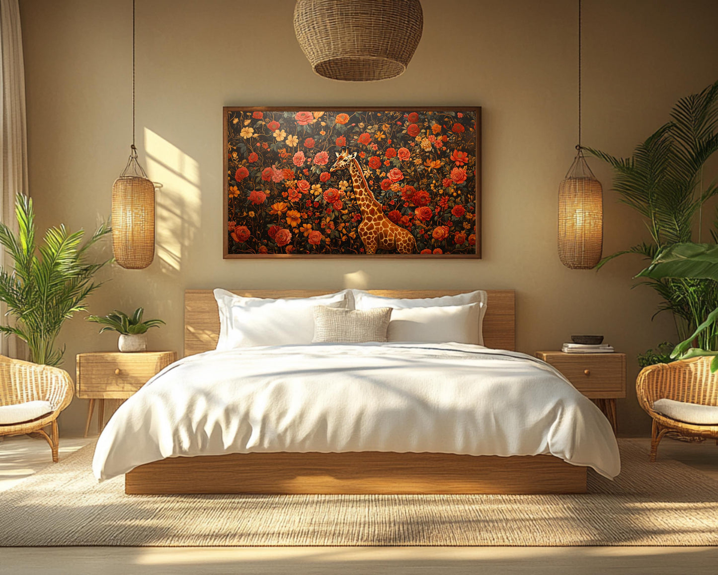 Regal Giraffe Black Wall Art Afrocentric Floral Canvas Print