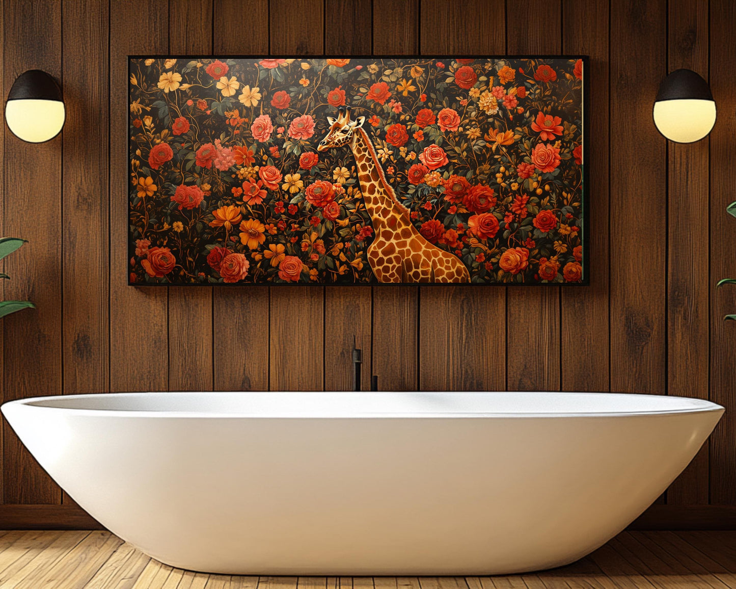 Regal Giraffe Black Wall Art Afrocentric Floral Canvas Print