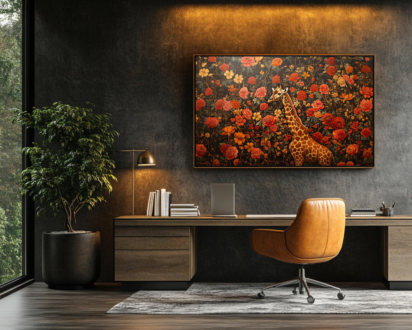 Regal Giraffe Black Wall Art Afrocentric Floral Canvas Print
