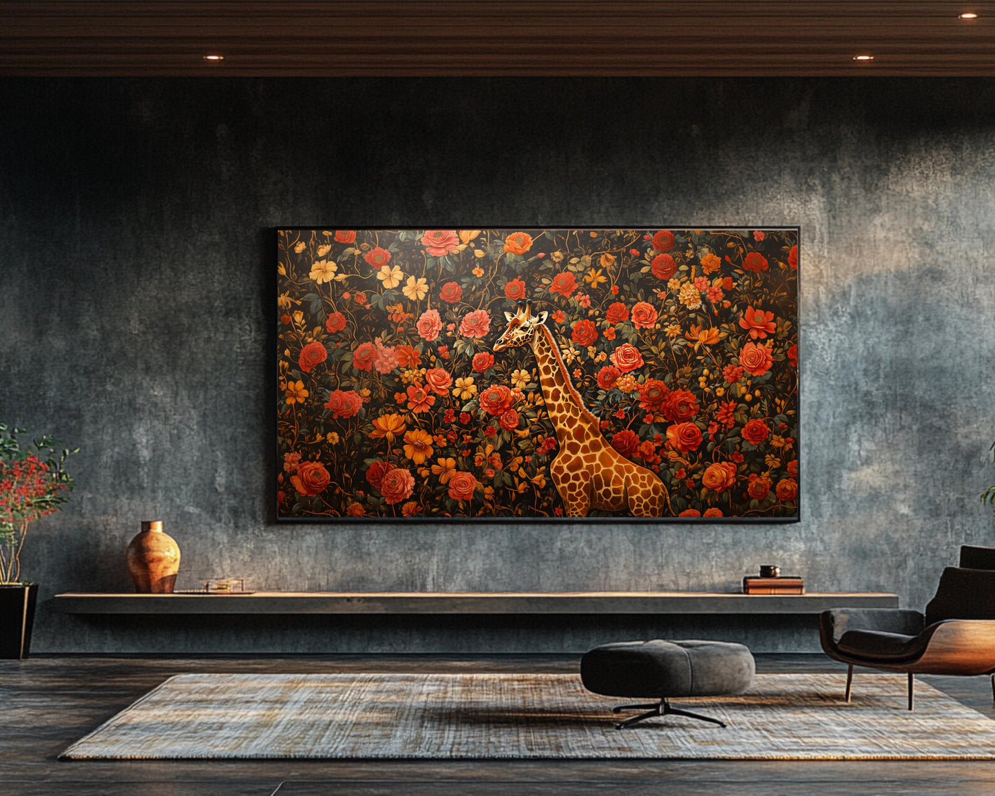 Regal Giraffe Black Wall Art Afrocentric Floral Canvas Print