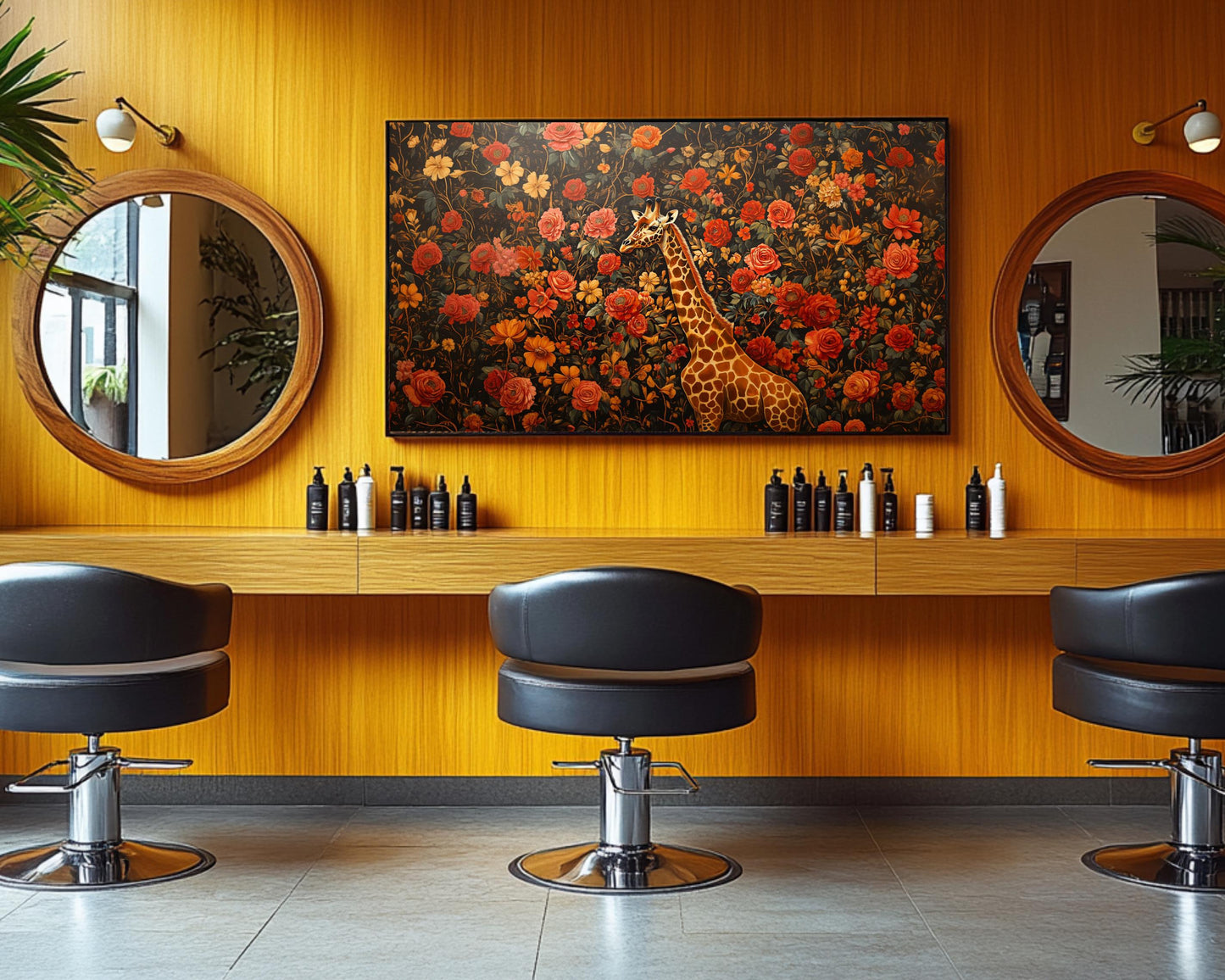 Regal Giraffe Black Wall Art Afrocentric Floral Canvas Print