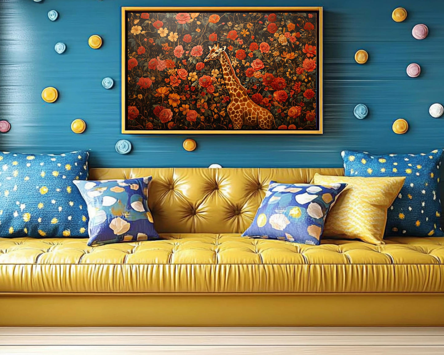 Regal Giraffe Black Wall Art Afrocentric Floral Canvas Print