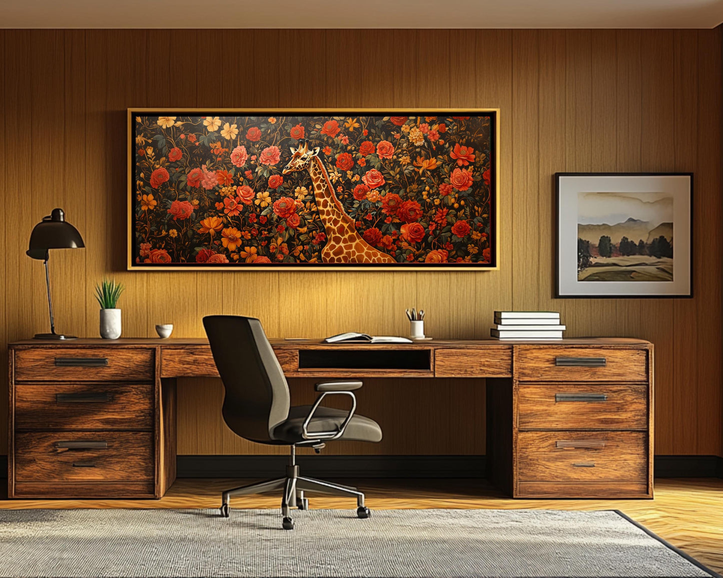 Regal Giraffe Black Wall Art Afrocentric Floral Canvas Print